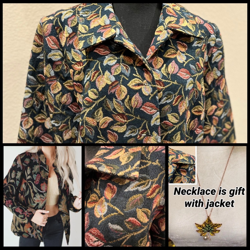 Colorful Floral Leaf Pattern Tapestry Jacket with pockets and FREE Necklace N136